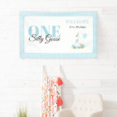 Een gekke gans, Blue Gingham Boy's 1st Birthday Spandoek (Insitu)