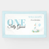 Een gekke gans, Blue Gingham Boy's 1st Birthday Spandoek (Horizontaal)