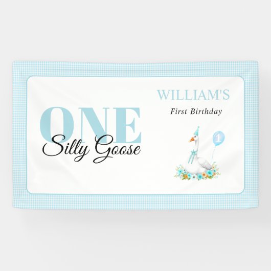 Een gekke gans, Blue Gingham Boy's 1st Birthday Spandoek (Horizontaal)