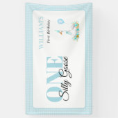 Een gekke gans, Blue Gingham Boy's 1st Birthday Spandoek (Verticaal)