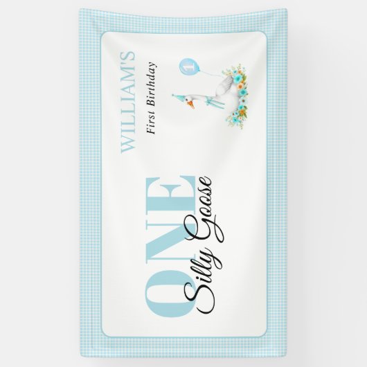 Een gekke gans, Blue Gingham Boy's 1st Birthday Spandoek (Verticaal)
