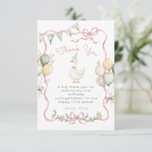 Een gekke gans Pink Bow Verjaardag Dank u kaart (Staand voorkant)