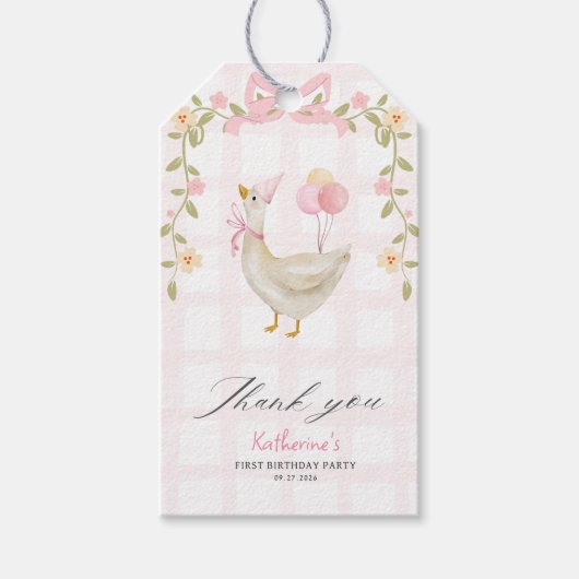 Een Gekke Gans  Roze 1e verjaardag gunst Cadeaulabel (Voorkant)
