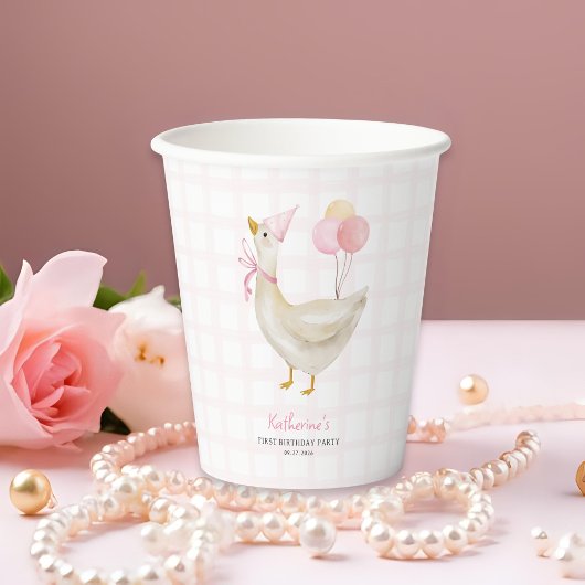 Een Gekke Gans  Roze 1e verjaardag gunst Papieren Bekers