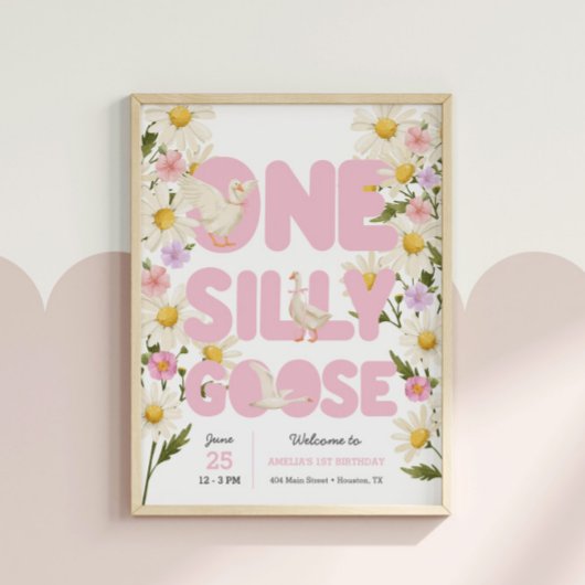 Een Gekke gans | Roze Bloemen Meisjes 1e Verjaarda Poster