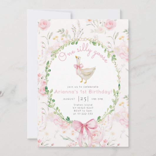 Een Gekke Gans Roze Bow Meisje Foto 1e Verjaardag Kaart (Voorkant)