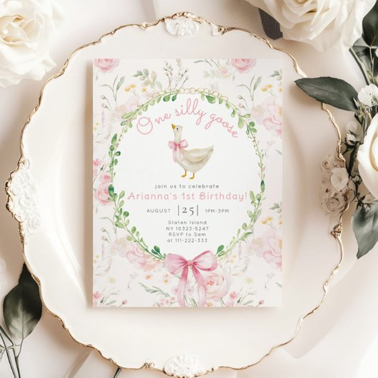 Een Gekke Gans Roze Bow Meisje Foto 1e Verjaardag Kaart