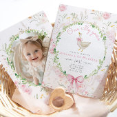 Een Gekke Gans Roze Bow Meisje Foto 1e Verjaardag Kaart