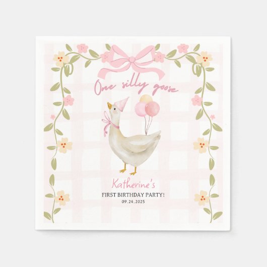 Een Gekke Gans  Roze Eend 1e Verjaardag Servet (Voorkant)