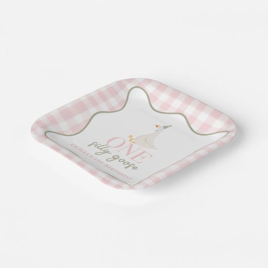 Een Gekke Gans roze en groen Papieren Bordje (Gebogen)