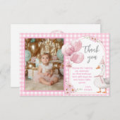 EEN GEKKE GANS ROZE GINGHAM 1E VERJAARDAG BEDANKKAART (Voorkant / Achterkant)