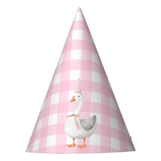 EEN GEKKE GANS ROZE GINGHAM 1E VERJAARDAG FEESTHOEDJES (Voorkant)