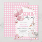 EEN GEKKE GANS ROZE GINGHAM 1E VERJAARDAG KAART (Voorkant / Achterkant)