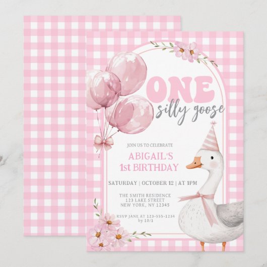 EEN GEKKE GANS ROZE GINGHAM 1E VERJAARDAG KAART (Voorkant / Achterkant)