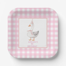 EEN GEKKE GANS ROZE GINGHAM 1E VERJAARDAG PAPIEREN BORDJE