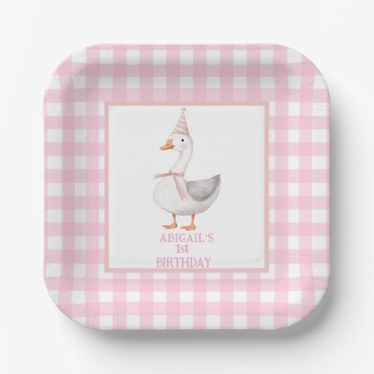 EEN GEKKE GANS ROZE GINGHAM 1E VERJAARDAG PAPIEREN BORDJE (Voorkant)