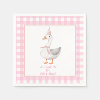EEN GEKKE GANS ROZE GINGHAM 1E VERJAARDAG SERVET