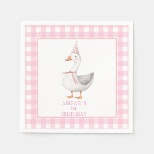 EEN GEKKE GANS ROZE GINGHAM 1E VERJAARDAG SERVET (Voorkant)