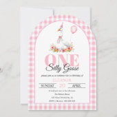 Een gekke gans, roze gingham meisje eerste verjaar kaart (Voorkant)