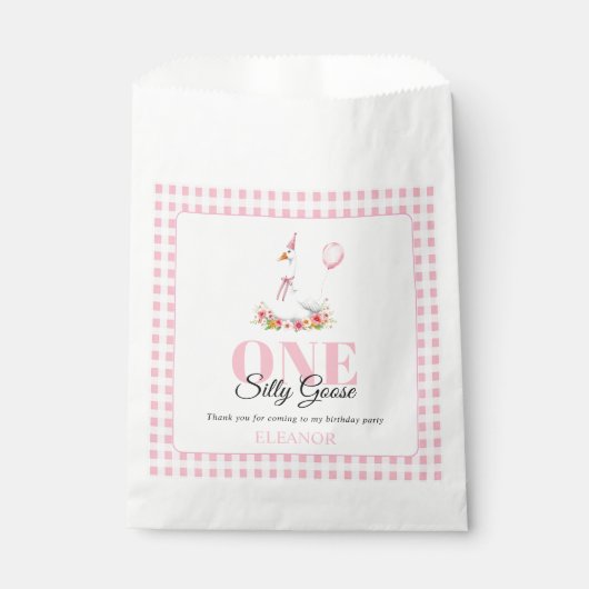 Een gekke gans, roze gingham meisje's 1e verjaarda bedankzakje (Voorkant)