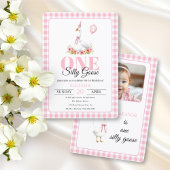 Een gekke gans, roze gingham meisje's 1e verjaarda kaart