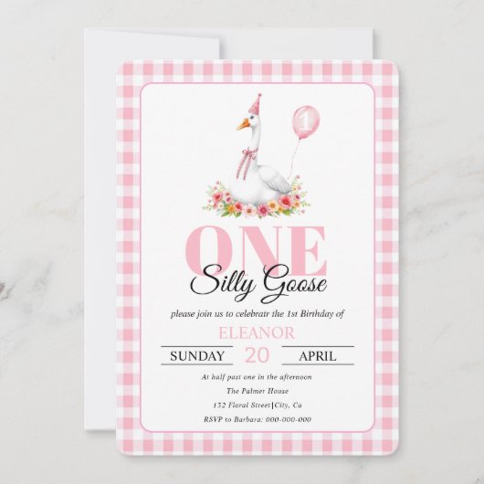 Een gekke gans, roze gingham meisje's 1e verjaarda kaart (Voorkant)