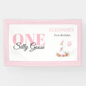 Een gekke gans, roze gingham meisje's 1e verjaarda spandoek (Horizontaal)