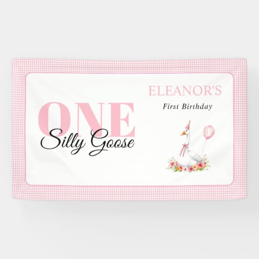 Een gekke gans, roze gingham meisje's 1e verjaarda spandoek (Horizontaal)
