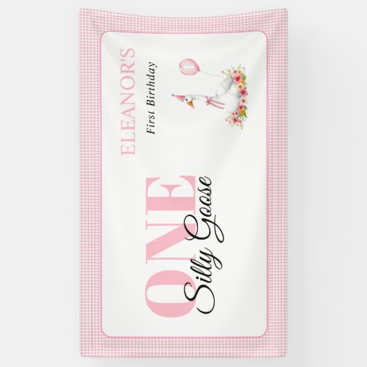 Een gekke gans, roze gingham meisje's 1e verjaarda spandoek (Verticaal)