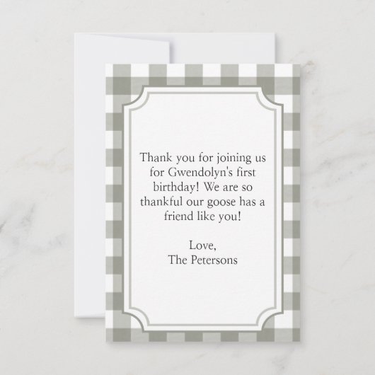 "Een Gekke gans" Schattigee picknick eerste verjaa Bedankkaart (Achterkant)