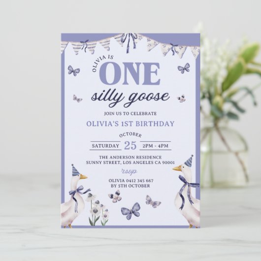 Een Gekke Goose 1e verjaardagsfeest uitnodiging (Staand voorkant)