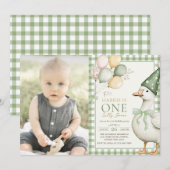 Een Gekke Goose Balloon Gingham 1st Birthday Foto Kaart (Voorkant / Achterkant)