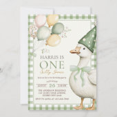 Een Gekke Goose Balloon Green Gingham 1e verjaarda Kaart (Voorkant)