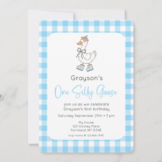 Een Gekke Goose Blue 1st Birthday Photo Invitation Kaart (Voorkant)