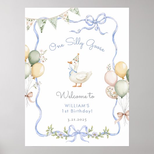 Een Gekke Goose Blue Bow Boy 1st Verjaardag Welkom Poster (Voorkant)