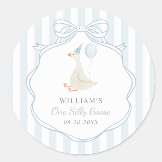 Een Gekke Goose Blue Bow eerste verjaardag Ronde Sticker (Voorkant)