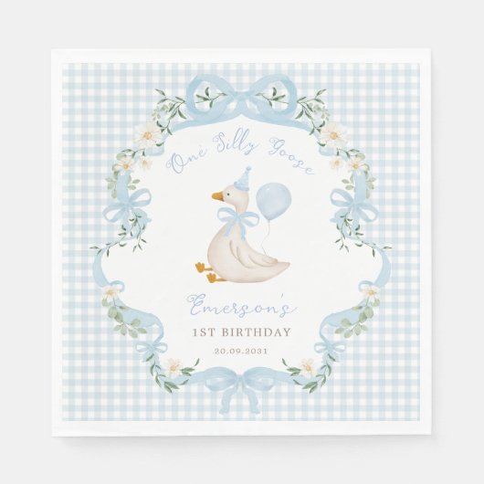 Een Gekke Goose Blue Bow Gingham 1st Birthday Servet (Voorkant)