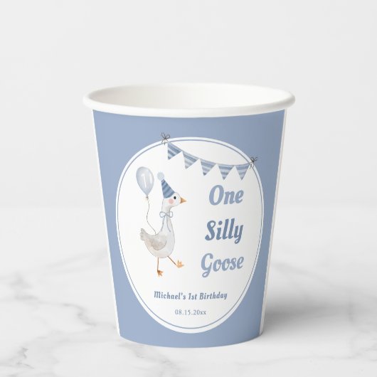 Een Gekke Goose Blue Boy 1st Birthday Papieren Bekers (Achterkant)