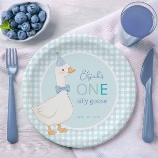 Een Gekke Goose Blue Boy First Birthday Party Pet Papieren Bordje