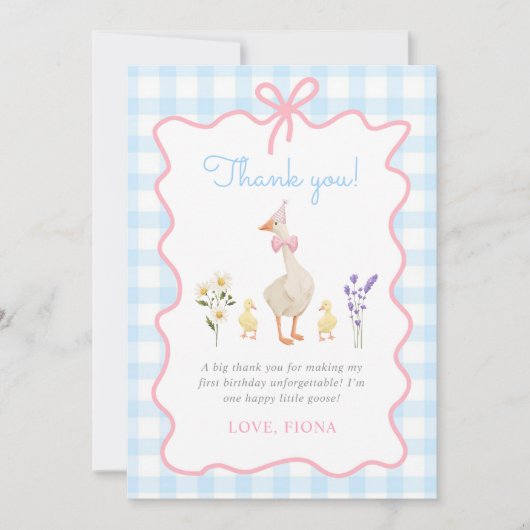 Een Gekke Goose Blue Gingham 1st Birthday Bedankkaart (Voorkant)