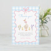 Een Gekke Goose Blue Gingham 1st Birthday Bedankkaart (Staand voorkant)