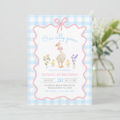 Een Gekke Goose Blue Gingham 1st Birthday Kaart (Staand voorkant)