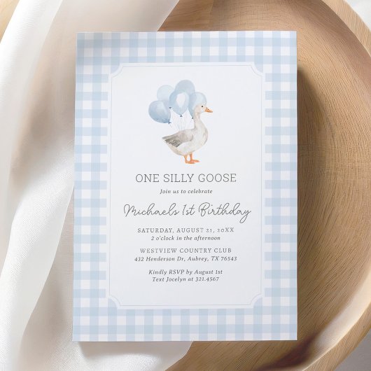 Een Gekke Goose Blue Gingham 1st Birthday Kaart