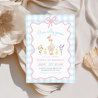 Een Gekke Goose Blue Gingham 1st Birthday Kaart