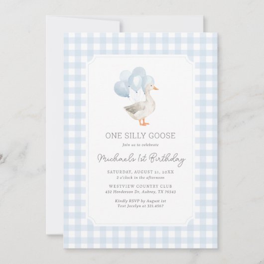 Een Gekke Goose Blue Gingham 1st Birthday Kaart (Voorkant)