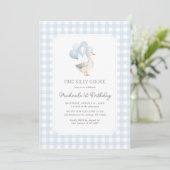 Een Gekke Goose Blue Gingham 1st Birthday Kaart (Staand voorkant)