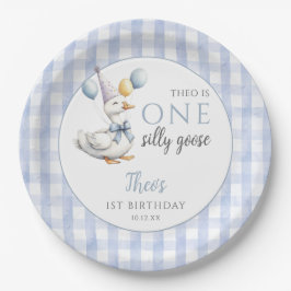 Een Gekke Goose Blue Gingham Balloons Verjaardag Papieren Bordje