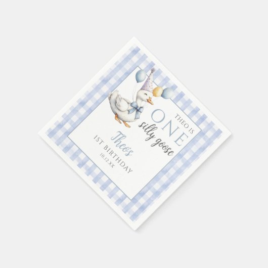 Een Gekke Goose Blue Gingham Balloons Verjaardag Servet (Hoek)