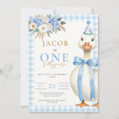 Een Gekke Goose Blue Gingham Boy 1st Birthday Kaart (Voorkant)