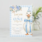 Een Gekke Goose Blue Gingham Boy 1st Birthday Kaart (Staand voorkant)